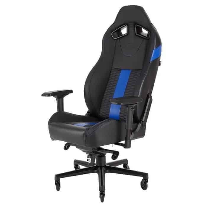 Chaise de gamer noire avec accents bleus, design ergonomique et roulettes.