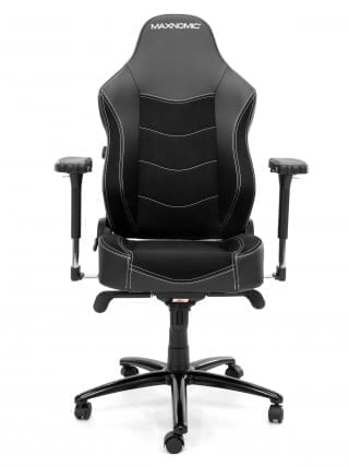 Chaise de gamer noire MAXNOMIC avec coussin et roulettes.
