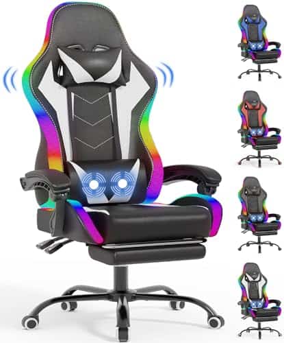 Chaise de Gaming Ergonomique wwwoko LED avec Massage et Repose-Pieds (Blanc)