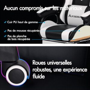 ALFORDSON Chaise Gaming LED Massage Ergonomique avec Repose-Pieds Blanc