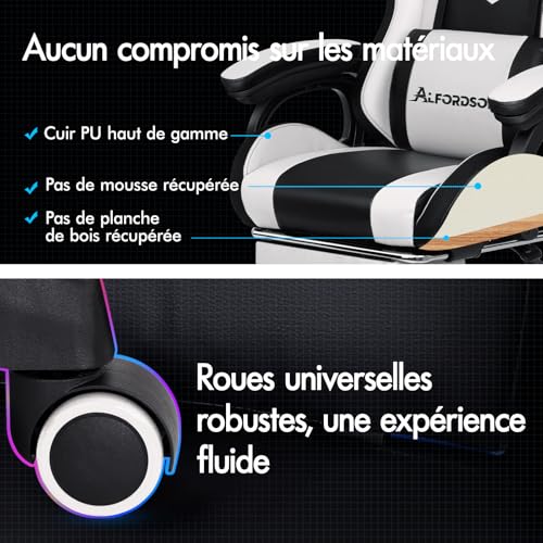 ALFORDSON Chaise Gaming LED Massage Ergonomique avec Repose-Pieds Blanc