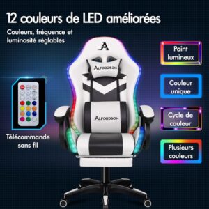 ALFORDSON Chaise Gaming LED Massage Ergonomique avec Repose-Pieds Blanc