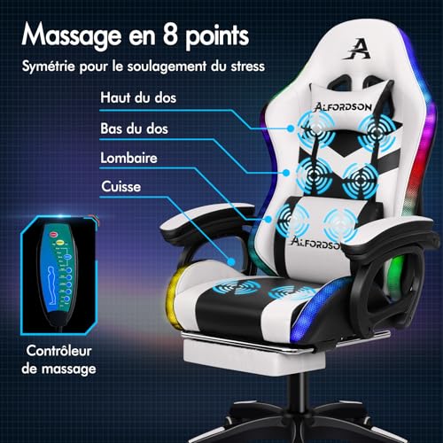 ALFORDSON Chaise Gaming LED Massage Ergonomique avec Repose-Pieds Blanc