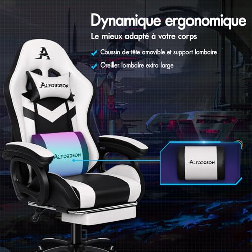ALFORDSON Chaise Gaming LED Massage Ergonomique avec Repose-Pieds Blanc
