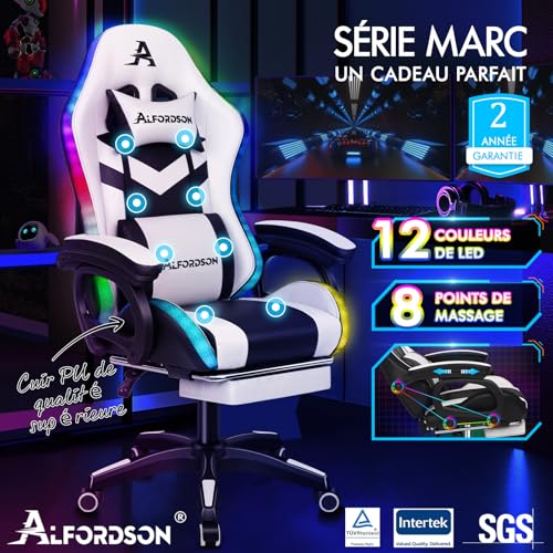ALFORDSON Chaise Gaming LED Massage Ergonomique avec Repose-Pieds Blanc
