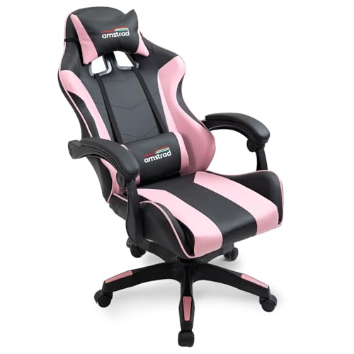 Amstrad AMS-800-PINK : Chaise de Bureau Gamer Noir et Rose avec Coussin