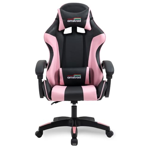 Amstrad AMS-800-PINK : Chaise de Bureau Gamer Noir et Rose avec Coussin