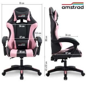 Amstrad AMS-800-PINK : Chaise de Bureau Gamer Noir et Rose avec Coussin