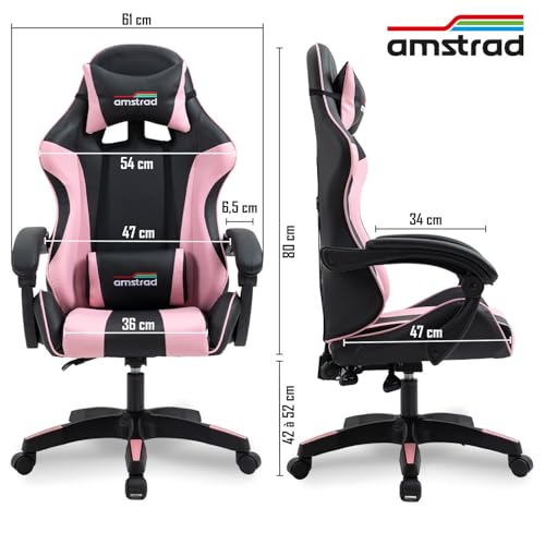 Amstrad AMS-800-PINK : Chaise de Bureau Gamer Noir et Rose avec Coussin