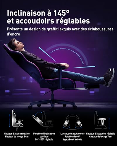 AutoFull Graffiti Chaise de Bureau Ergonomique Violet avec Repose-Pieds et Soutien Lombaire
