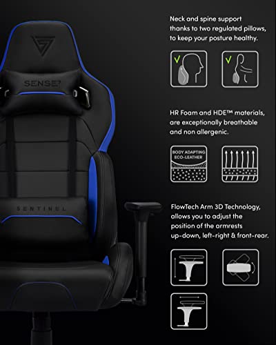 Chaise de Gaming SENSE7 Sentinel en Similicuir Noir/Bleu, Taille Extra