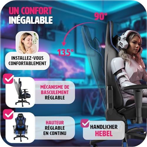 Chaise Gaming Ergonomique TecTake® Noir/Bleu avec Accoudoirs et Coussin