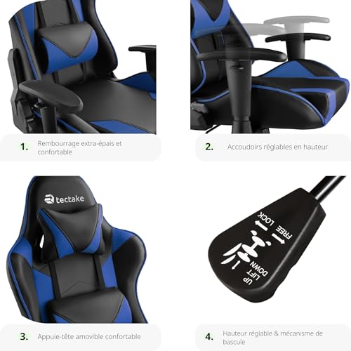 Chaise Gaming Ergonomique TecTake® Noir/Bleu avec Accoudoirs et Coussin