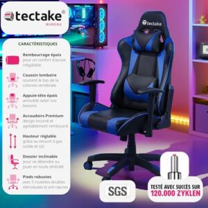 Chaise Gaming Ergonomique TecTake® Noir/Bleu avec Accoudoirs et Coussin