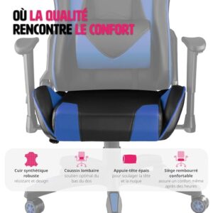 Chaise Gaming Ergonomique TecTake® Noir/Bleu avec Accoudoirs et Coussin