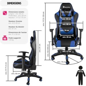 Chaise Gaming Ergonomique TecTake® Noir/Bleu avec Accoudoirs et Coussin