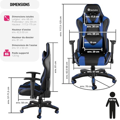 Chaise Gaming Ergonomique TecTake® Noir/Bleu avec Accoudoirs et Coussin