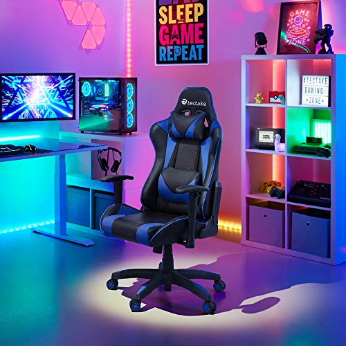 Chaise Gaming Ergonomique TecTake® Noir/Bleu avec Accoudoirs et Coussin