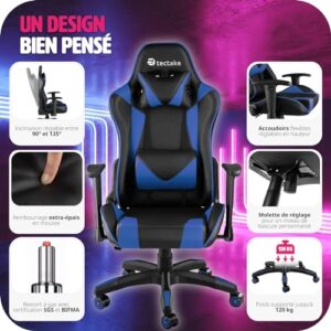 Chaise Gaming Ergonomique TecTake® Noir/Bleu avec Accoudoirs et Coussin