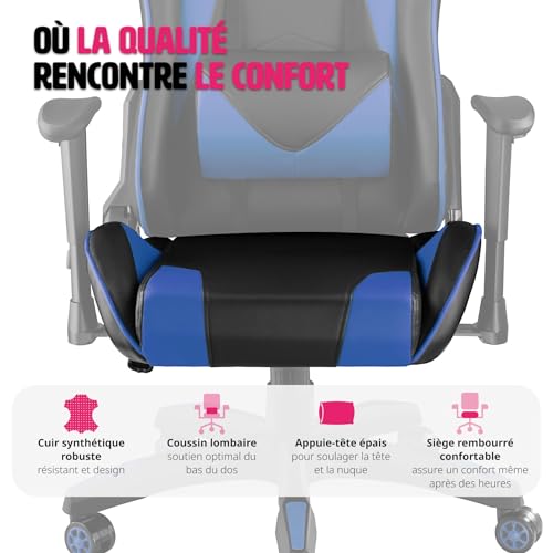 Chaise Gaming Ergonomique TecTake® Noir/Bleu avec Accoudoirs et Coussin