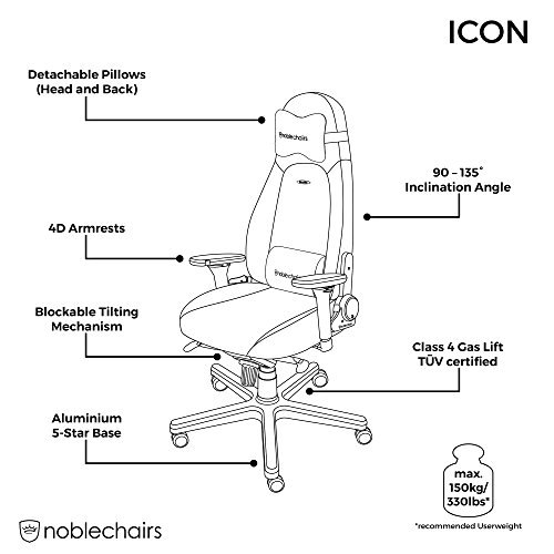 noblechairs ICON – Chaise de Gaming et de Bureau Noir/Bleu en Cuir PU