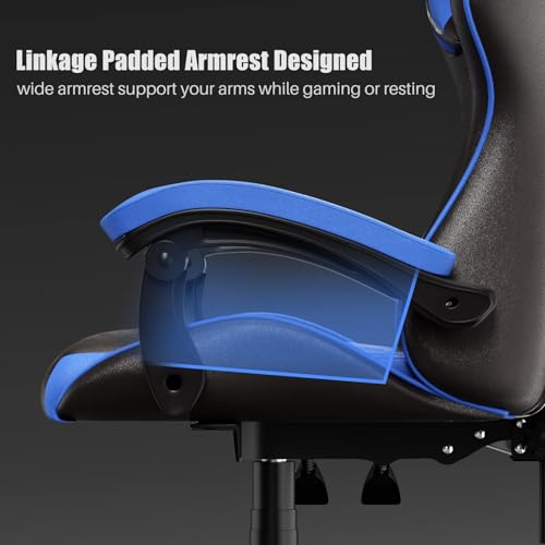 Chaise Bureau Ergonomique Bigzzia en PU Cuir, Réglable avec Coussin Lombaire (Bleu Azur)