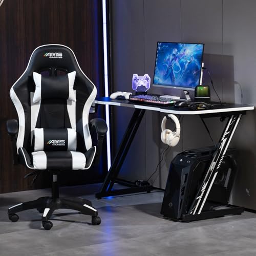 Chaise Gamer AMS-GAMING #02 – Noir & Blanc avec Coussin Lombaire