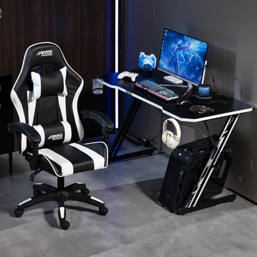 Chaise Gamer AMS-GAMING #02 – Noir & Blanc avec Coussin Lombaire