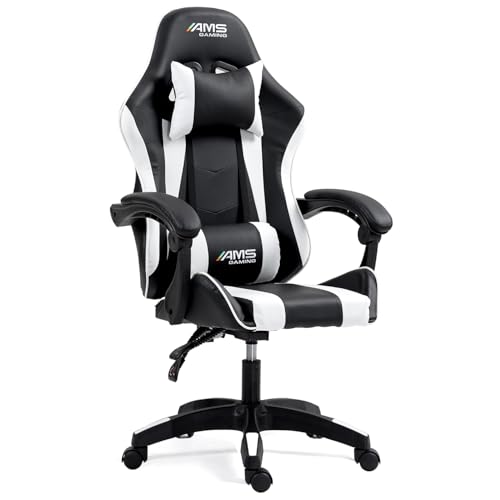 Chaise Gamer AMS-GAMING #02 – Noir & Blanc avec Coussin Lombaire