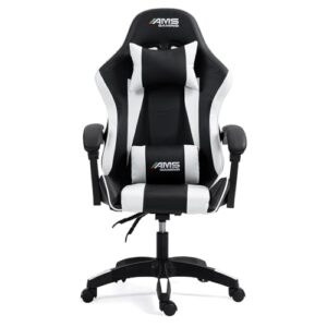 Chaise Gamer AMS-GAMING #02 – Noir & Blanc avec Coussin Lombaire