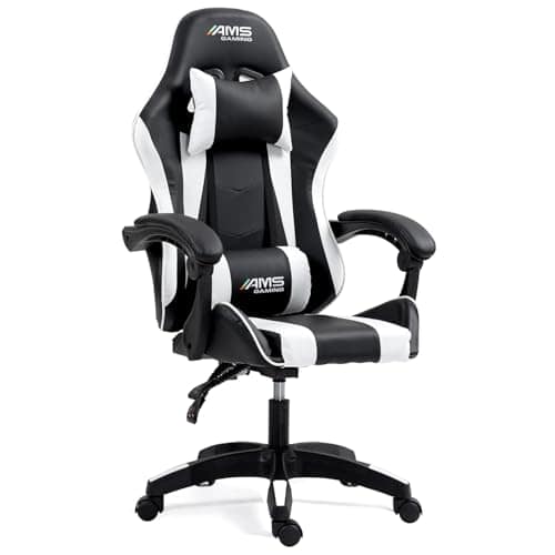 Chaise Gamer AMS-GAMING #02 – Noir & Blanc avec Coussin Lombaire