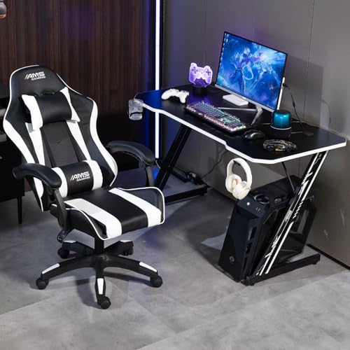Chaise Gamer AMS-GAMING #02 – Noir & Blanc avec Coussin Lombaire