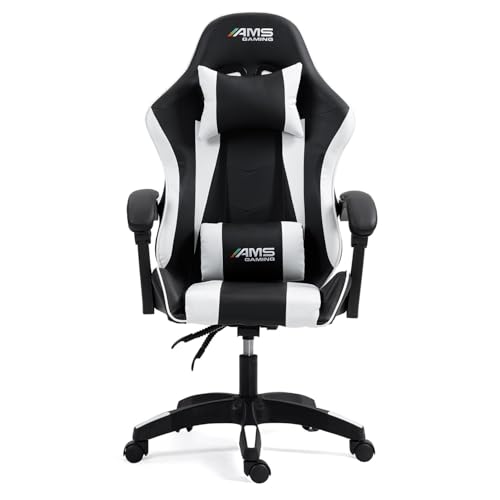 Chaise Gamer AMS-GAMING #02 – Noir & Blanc avec Coussin Lombaire