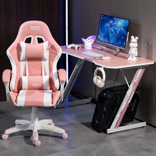 Chaise Gamer AMS-GAMING #02 Pink – Noir & Rose avec Coussin Lombaire et Appuie-tête