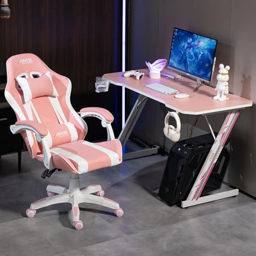 Chaise Gamer AMS-GAMING #02 Pink – Noir & Rose avec Coussin Lombaire et Appuie-tête