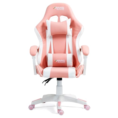 Chaise Gamer AMS-GAMING #02 Pink – Noir & Rose avec Coussin Lombaire et Appuie-tête