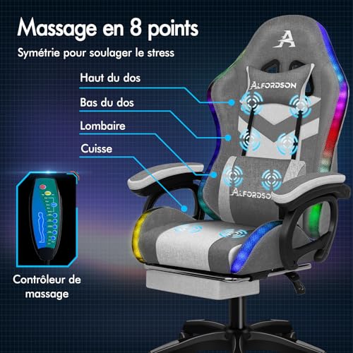 Chaise Gaming ALFORDSON LED Ergonomique avec Massage, Éclairage RVB et Support Lombaire