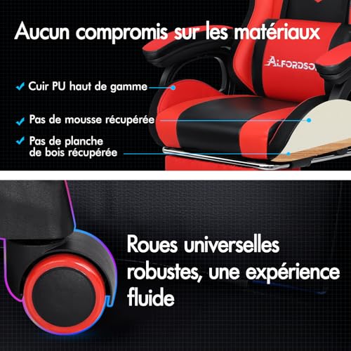 Chaise Gaming Alfordson Ergonomique Rouge & Noir avec LED et Massages