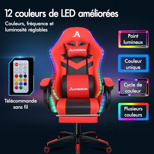 Chaise Gaming Alfordson Ergonomique Rouge & Noir avec LED et Massages