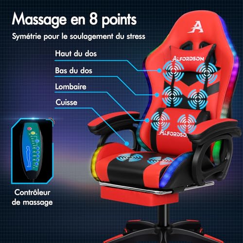 Chaise Gaming Alfordson Ergonomique Rouge & Noir avec LED et Massages