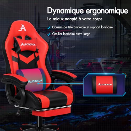 Chaise Gaming Alfordson Ergonomique Rouge & Noir avec LED et Massages