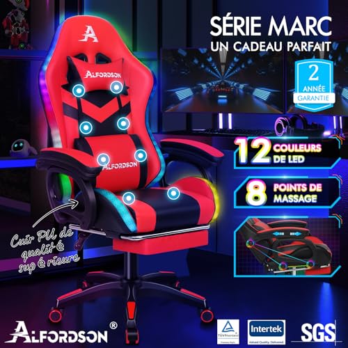 Chaise Gaming Alfordson Ergonomique Rouge & Noir avec LED et Massages