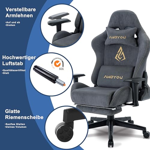 Chaise Gaming Andyou Ergonomique avec Repose-Pieds et Coussin Lombaire – Gris