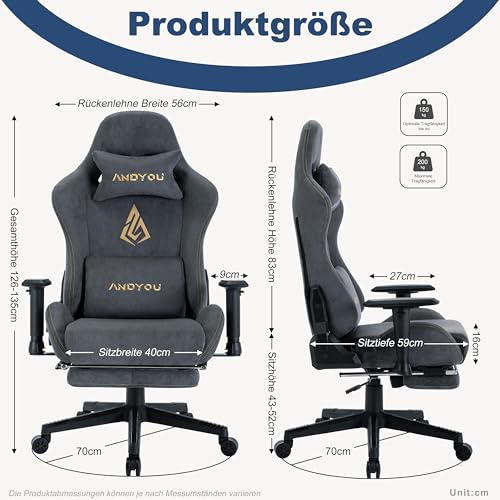 Chaise Gaming Andyou Ergonomique avec Repose-Pieds et Coussin Lombaire – Gris