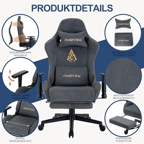 Chaise Gaming Andyou Ergonomique avec Repose-Pieds et Coussin Lombaire – Gris