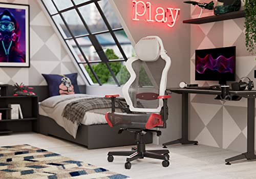 Chaise Gaming DXRacer Air R1S – Maille, Blanc-Rouge-Noir-Gris, Jusqu’à 2m
