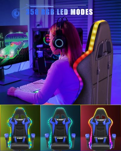 Chaise Gaming Ergonomique Bigzzia avec LED, Dossier Réglable, Bleu