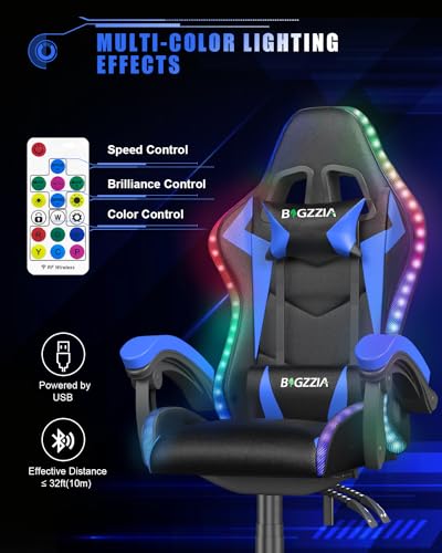 Chaise Gaming Ergonomique Bigzzia avec LED, Dossier Réglable, Bleu