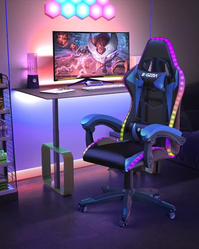 Chaise Gaming Ergonomique Bigzzia avec LED, Dossier Réglable, Bleu