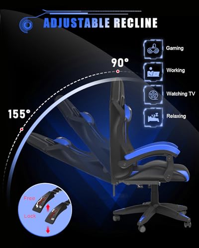 Chaise Gaming Ergonomique Bigzzia avec LED, Dossier Réglable, Bleu